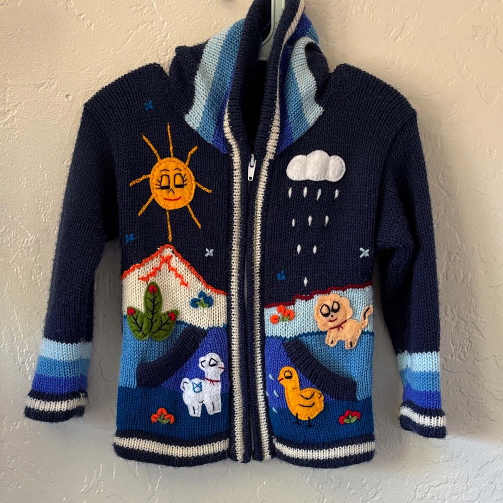 Kids Navy Blue Knitted Hoodie with Fun Embroidery